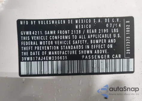 2014 Volkswagen Jetta 1.8T Se из США, поврежденный, VIN 3VWB17AJ4EM330635